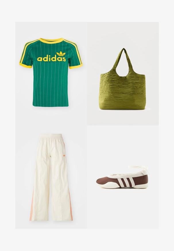 Zelené bavlnené tričko s vertikálnymi bielymi pruhmi, žltými akcentmi a logom "adidas" v žltom písme. Krátke rukávy a okrúhly výstrih.; Krémové široké nohavice s elastickým pásom, s oranžovými bočnými pruhmi a malým oranžovým logom na prednej strane.; Hnedá a biela baletná balerína s tromi bielymi pruhmi a mašľou na zviazanie okolo členku na jednoduchom svetlom pozadí.; Zelená taška typu tote s textúrovanou, pokrčenou textíliou a širokými rukoväťami, zobrazená na jednoduchom svetlom pozadí.