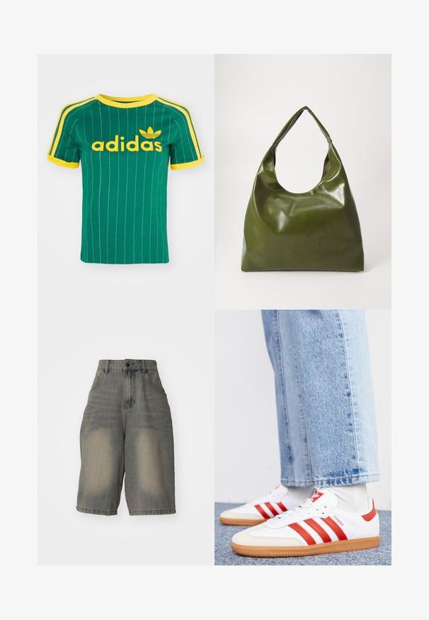 Vihreä puuvillapaita, jossa on pystysuorat valkoiset raidat, keltaisia yksityiskohtia ja "adidas"-logo keltaisella fontilla. Lyhyt hiha ja pyöreä pääntie.; Jaded London LIGHT WASH JUMBO JORTS - Farkkushortsit - light wash; Valkoiset nahkakengät, joissa on punaiset raidat ja yksityiskohdat. Varustettu puurakenteisella kumipohjalla ja pehmustetulla kauluksella. Yhdistetty vaaleansinisiin farkkuihin.; Vihreä nahkainen hobo-laukku, jossa on löysä muotoilu, kaareva kahva ja sileä pinta. Ei sisällä näkyvää metalliosia tai yksityiskohtia.