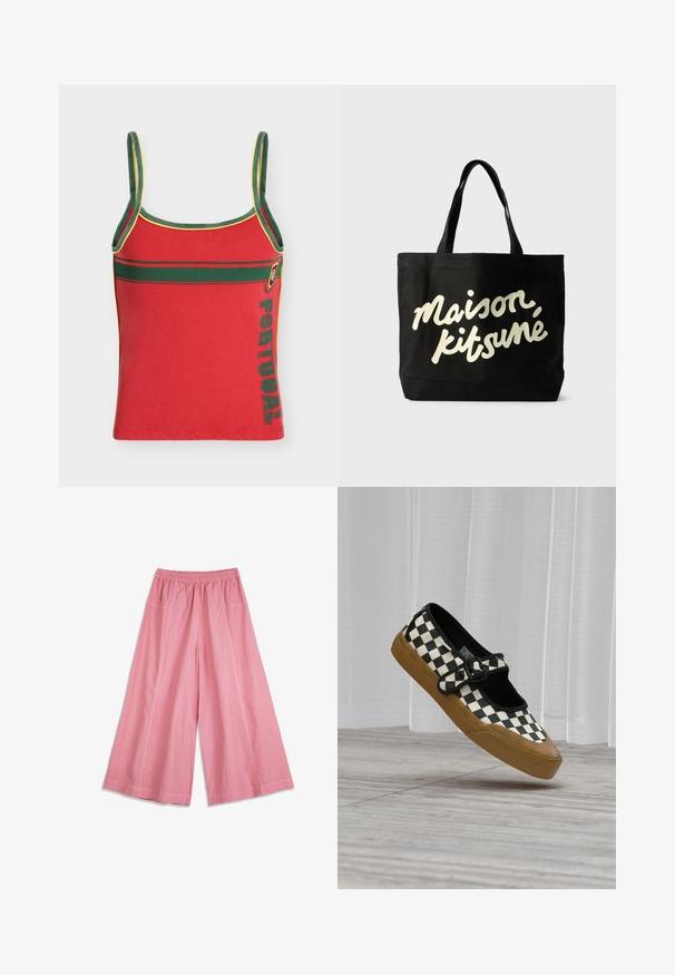 Débardeur rouge avec bordure verte et jaune, bande horizontale verte, écusson du Portugal et texte vertical "PORTUGAL" sur le côté.; Pantalon ample rose avec taille élastique et poches latérales, présenté à plat sur un fond blanc.; Baskets Mary Jane à carreaux noir et blanc avec semelle en caoutchouc marron, bride noire à boucle, flottant au-dessus d’un sol en bois clair et de rideaux blancs.; Sac fourre-tout en toile noire avec de courtes poignées, affichant en lettres cursives blanches le texte "Maison Kitsuné" en évidence sur le devant.