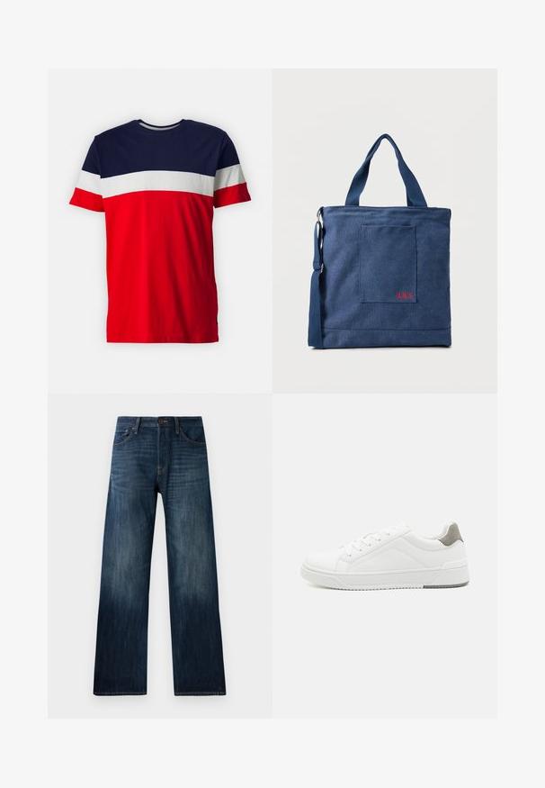 Bomulds T-shirt med en marineblå øverste sektion, vandrette hvide og røde striber, korte ærmer og rund hals.; Mørkeblå denimjeans med lige ben, der har en let tekstur, bæltestropper og en klassisk fem-lomme stil.; Hvid sneaker lavet af glat læder, rund tå, minimalistisk design, grå hælafsats og tekstureret gummisål.; Blå lærredstote taske med frontlomme og rød "O.N.S" broderi, med to håndtag og en justerbar skulderrem.
