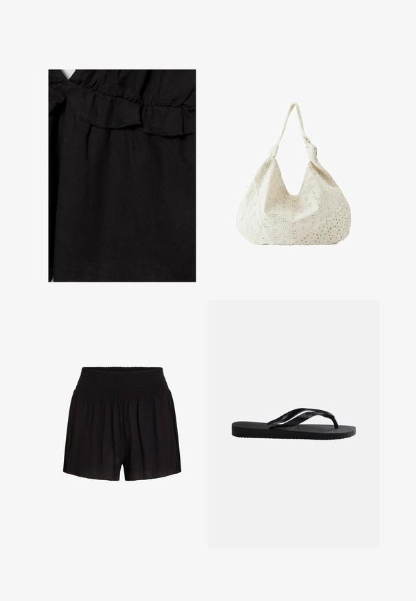 Tissu noir avec une ceinture élastique froncée et un détail subtil de volants le long du bord, montrant la texture et les coutures en gros plan.; Shorts noirs en tissu léger, avec une ceinture froncée et une coupe ample, dotés d'une surface douce et légèrement texturée.; Tongs en caoutchouc noir avec semelle texturée et bride en Y lisse sur un fond clair uni.; Sac à épaule en tissu couleur crème avec broderie florale à œillets et une seule bandoulière souple.