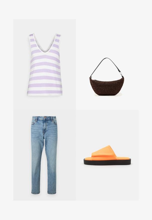 ONLY ONLNEWLIRA V NECK - Topp - purple rose/cloud dancer; Hele sinised kõrge vöökohaga sirge säärega teksad, ees nööbi ja tõmblukuga sulgust, esimesed taskud ning õrnad kulunud detailid.; Oranžid liugjalats, millel on sile ülemine osa ja paks must kummitald, vampi eesosa volditud kujundusega, et tagada rafineeritud välimus.; Pruun punutud kuu-kujuline käekott musta reguleeritava õlarihma ja metallist luku detailiga valgel taustal.