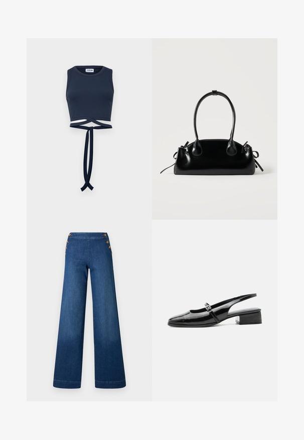 Top court bleu marine en tissu côtelé, avec de larges bretelles et un détail noué torsadé à la taille.; Pantalon en denim bleu foncé à jambes larges. Il présente un devant plat avec cinq boutons dorés pour la fermeture. Texture lisse avec une finition classique.; Chaussure slingback en cuir verni noir avec un petit talon bloc et une fine bride avec une boucle argentée sur le dessus.; Petit sac à main noir brillant avec deux longues anses et des détails à cordon sur les côtés sur un fond clair uni.