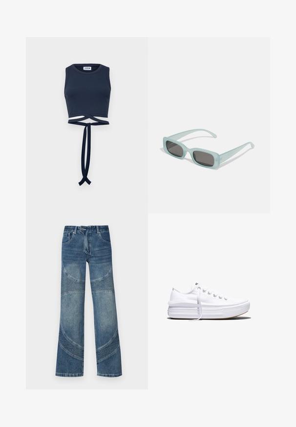 Kombinierter, navyblauer, verkürzter Tanktop aus geripptem Stoff, mit breiten Schulterträgern und einem gedrehten Knoten-Detail auf Taillenhöhe.; Hochtaillierte blaue Jeans aus Denim mit weitem Bein, versehen mit geschwungenen Nahtdetails und gerippten Teilen im unteren Bereich. Lässiger Stil.; Weißer Canvas-Sneaker mit niedrigem Schnitt, dicker Plateau-Sohle, vorderer Schnürung und rauer Gummikappe an der Spitze, aus seitlicher Ansicht gezeigt.; Ein Paar rechteckige Sonnenbrillen mit lichtblauen, halbtransparenten Rahmen und dunkelgrauen Gläsern, ausgestattet mit geraden Bügeln und minimalen Hardware-Details.