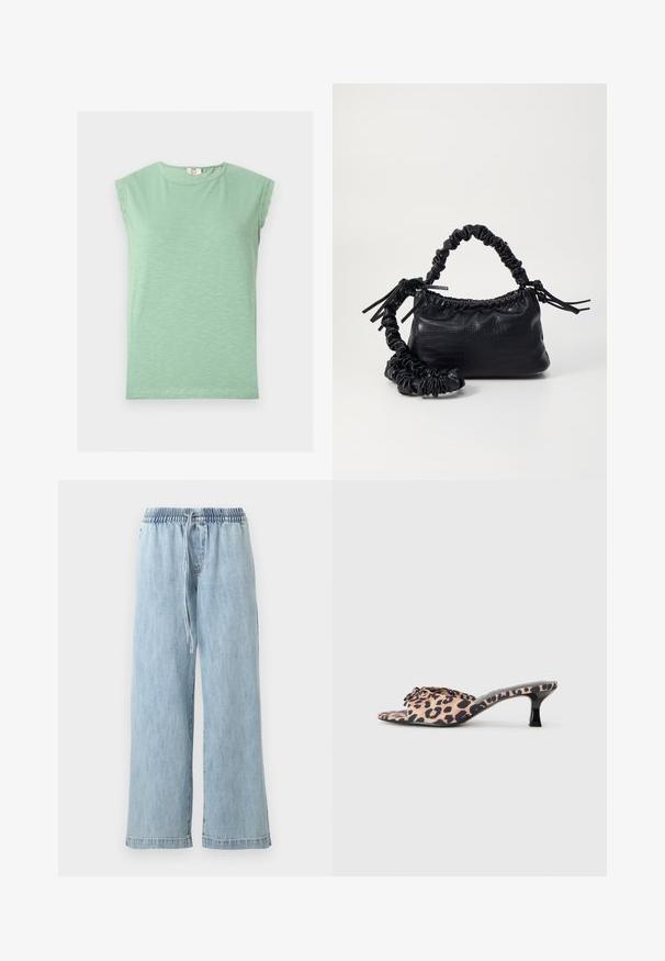 Haut sans manches vert clair avec bordure en dentelle aux épaules et encolure ronde, présenté à plat sur un fond clair.; Pantalon large en denim bleu clair avec taille élastique et cordon de serrage, poches avant et coupe décontractée.; Mules en imprimé léopard avec un petit talon aiguille noir. Tige en tissu doux avec un détail de nœud à l'avant et une semelle plate lisse.; Sac à main en simili cuir noir avec une texture crocodile, un dessus resserré et une sangle froncée. A l'apparence douce et compacte.