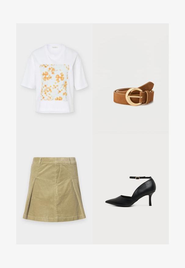 Hvid t-shirt med korte ærmer med et firkantet print foran af små orange blomster på en lyseblå baggrund.; Corduroy nederdel i lys olivengrøn med lodrette ribbet tekstur, der har en flagrende form og to sideåbninger for bevægelse.; Sort læder sko med spids tå, kitten heel, ankremme og gylden spænde på neutral baggrund.; Brunt ruskind bælte rullet med rund, skinnende guldlås på hvid baggrund.