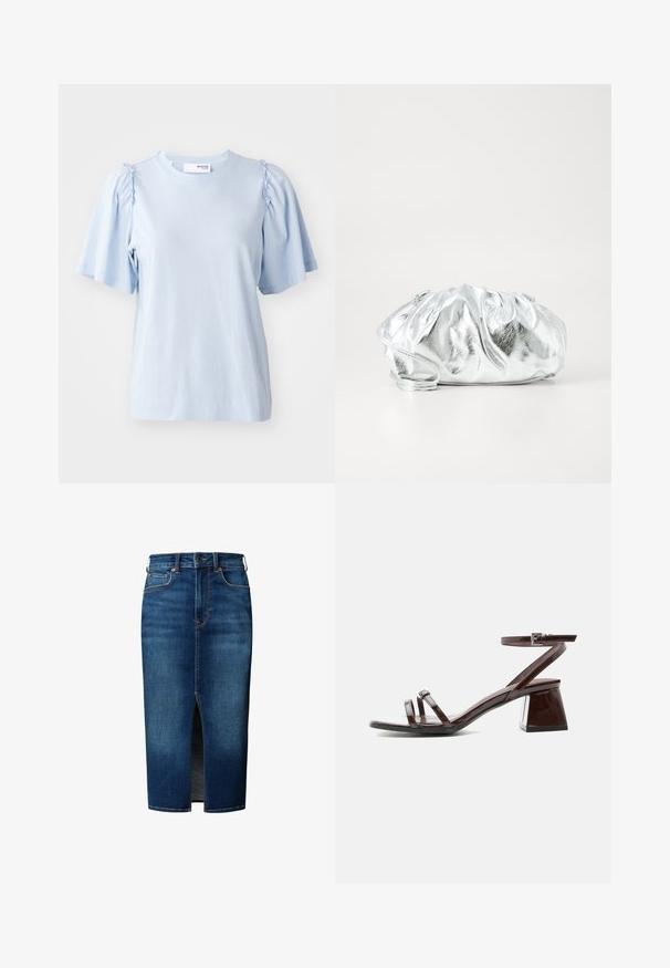 Lyseblå kortærmet t-shirt lavet af blød stof, med samlede detaljer på skuldrene og en rund halsudskæring.; Mørkeblå denim midi nederdel med frontslids, knaplukning, bæltestropper og forlommer.; Mørkebrune laklædersandal med blokhæl, ankelrem med spænde og to tynde remme over tæerne på hvid baggrund.; Metallisk sølv clutch taske med en blød, samlet krop og en tynd skulderrem. Har en glat, skinnende overflade og rund form.