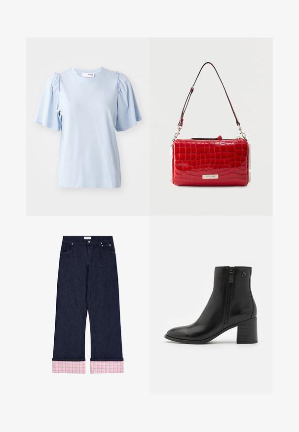 T-shirt à manches courtes bleu clair en tissu doux, avec des détails froncés aux épaules et un col rond.; Jean denim large coupe bleu foncé avec revers pliés en tissu à carreaux rose et blanc, poches avant, bouton, et étiquette "Oh April" sur la ceinture.; Bottines noires en cuir lisse avec une fermeture éclair sur le côté. Présentent un bout pointu et un talon bloc texturé pour plus de stabilité.; Sac à main en cuir rouge brillant embossé crocodile avec bandoulière noire amovible et plaque nominative en métal argenté, forme rectangulaire.