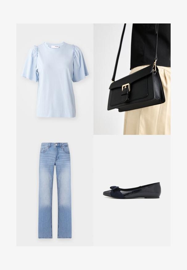 T-shirt à manches courtes bleu clair en tissu doux, avec des détails froncés aux épaules et un col rond.; Jean en denim bleu clair avec une coupe droite, présentant un délavage aux extrémités et un style classique à cinq poches.; Ballerines navy avec une finition laquée brillante et un détail en suède texturé en forme de nœud sur le bout, présentant un bout rond et une semelle plate.; Sac à main en simili cuir noir avec une fermeture à boucle en ton doré, au design plat et avec une bandoulière ajustable, présenté sur un fond clair.