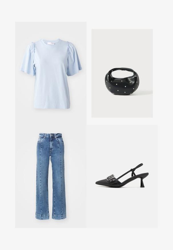 Hele sinine lühikeste varrukatega t-särk, mis on valmistatud pehmest kangast, sisaldab kogutud detaile õlavarrel ja ümmargust kaelust.; Heledad sinine denim laiad püksid kõrge vöökoha ja ees olevate taskutega, millel on õmblusdetailid. Alläär on keeratud ja õmmeldud.; Simmi London DALA - Klassikalised kontsakingad - black; Mustast nahast ümmarguse kujuga käekott, kaunistatud hõbedaste naeladega, lühikese sangaga. Sile tekstuur ja tõmblukuga sulgemine.