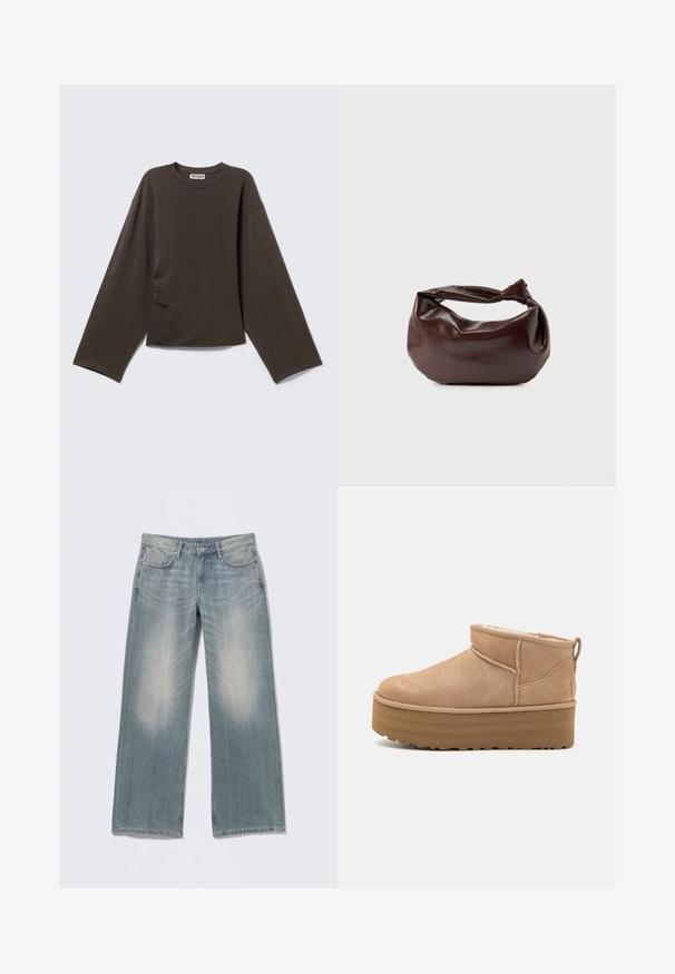 Mørkebrun langærmet crew neck-shirt med løs pasform og let krøllet på den ene side, vist på en ensartet lys baggrund.; Lyseblå jeans med vide ben og falmet finish, lavet af denim. Har bæltestropper, forlommer og lynlås med knaplukning.; Beige ruskinds ankelstøvler med et blødt indre, der har en platformssål og en strop bagpå for nem påtagning. Tekstureret gummisål.; Mørkebrun læder skuldertaske med en blød, afslappet form og et snoet knudehåndtag på en ensartet hvid baggrund.