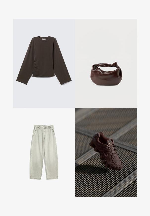 Mørkebrun langærmet crew neck-shirt med løs pasform og let krøllet på den ene side, vist på en ensartet lys baggrund.; Lysegrå denimjeans med høj talje, frontknap og lynlås, skrå sidelommer og brede, lige ben.; Brun Nike sneaker med tekstureret mesh-overdel, karakteristisk buet sål og polstret krave, vist mod en mønstret baggrund.; Mørkebrun læder skuldertaske med en blød, afslappet form og et snoet knudehåndtag på en ensartet hvid baggrund.