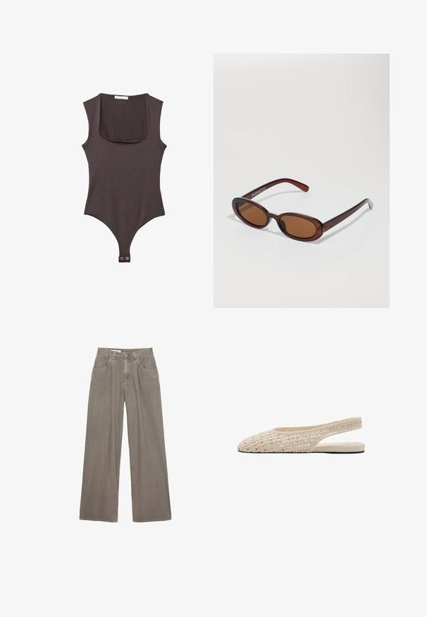 Bodysuit sans manches marron avec un col carré, fabriqué en tissu doux. Comprend une fermeture à pression en bas et une silhouette ajustée.; Pantalon en denim gris à jambes larges et taille haute, avec bouton et fermeture éclair à l'avant, poches avant et passants pour ceinture, posé à plat sur fond blanc.; Chaussure slingback plate beige avec dessus tissé et bout pointu, dotée d'un talon ouvert et d'une semelle fine.; Lunettes de soleil rondes teinte brun avec une monture bordeaux brillante. Branches fines avec un détail de marque subtil. Design de verres plats.