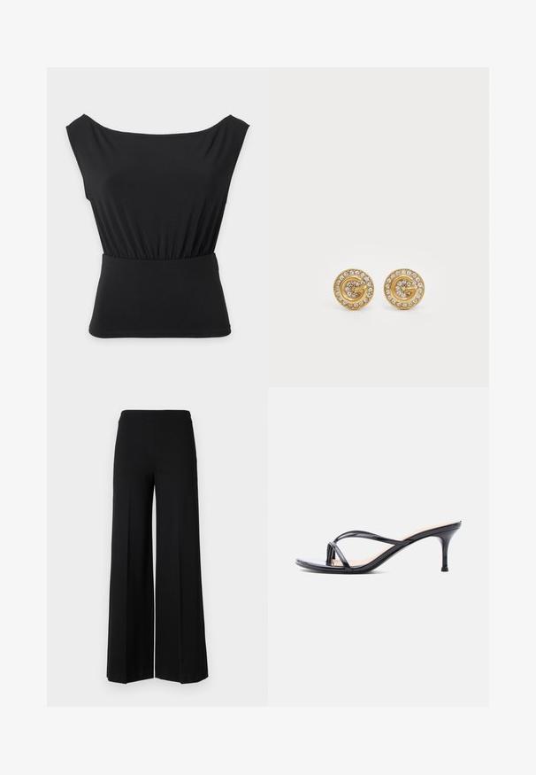 Top negro sin mangas con escote barco y cintura elástica recogida, ajustado en la parte inferior con una textura de tela lisa.; Pantalones de pierna ancha negros con una textura suave, que presentan una cinturilla alta y sin cierres visibles. Diseño simple y limpio.; Sandalia de tacón de charol negro con tiras finas cruzadas y un tacón de aguja delgado de altura media, sobre un fondo blanco.; Pendientes de estudio circulares de oro con un diseño en espiral, adornados con cristales transparentes en el borde y un elemento decorativo central.
