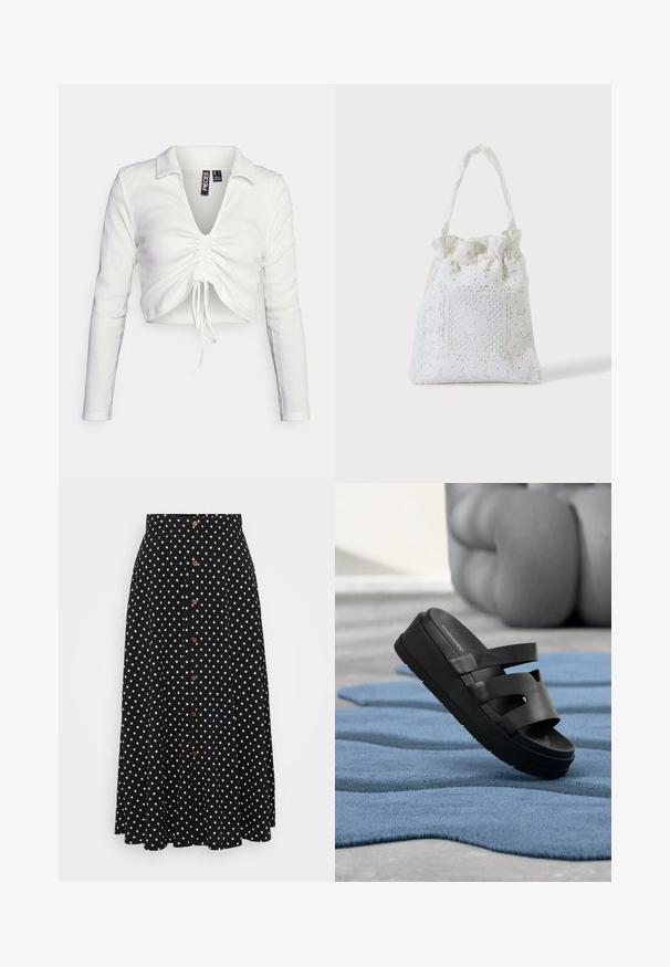 Pieces Petite PCTEGAN - Pikkade varrukatega topp - cloud dancer; Mustade täppidega seelik, kõrge vöökoht, nööpide eesmine kinnitamine, põlve pikkus, valmistatud sileda tekstuuriga ja peene langevusega kangast.; Must must alusega rihmik sandaal, millel on kolm rihma, asetatud lainelise tekstuuriga sinisele vaibale siseruumides, bluriga ümardiivani lähedal.; Valgest kangast ostukott pitsilise lillemustrilise tikandi ja kurrutatud ülemise sangaga, esitatud ühevärvilise heleda tausta ees.