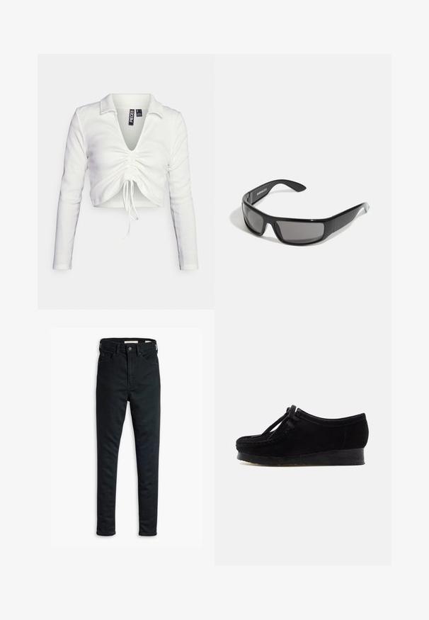 Pieces Petite PCTEGAN - Langærmet T-shirt - cloud dancer; Sorte slim-fit jeans med frontknap og lynlås, bælteløkker samt for- og baglommer, præsenteret på en hvid baggrund.; Sort ruskindssko med rund tå, forstærket syning og snøredetalje. Har en lav kile sål i gummi for ekstra komfort.; Sorte solbriller med en blank overflade, wraparound-design og grå linser. Har branding på stangen og en robust ramme.