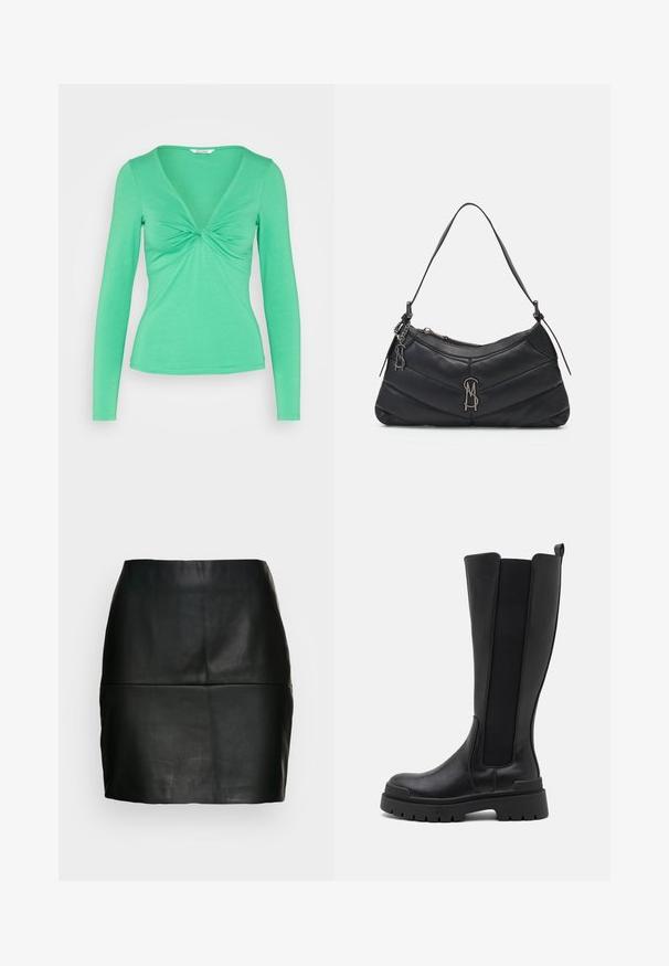 Monki Μπλούζα με μακριά μανίκια - green bright; Μαύρη δερμάτινη μίνι φούστα με λεία υφή, εφαρμοστή σιλουέτα και ραφή στη μέση. Χωρίς ορατούς κλεισίματα.; Even&Odd by Zalando Μπότες πλατφόρμα - black; Μαύρη δερμάτινη τσάντα ώμου με κατασκευή καπιτονέ, ασημί αξεσουάρ, και καμπύλη φερμουάρ κλεισίματος. Διαθέτει λεπτό, ρυθμιζόμενο λουρί.