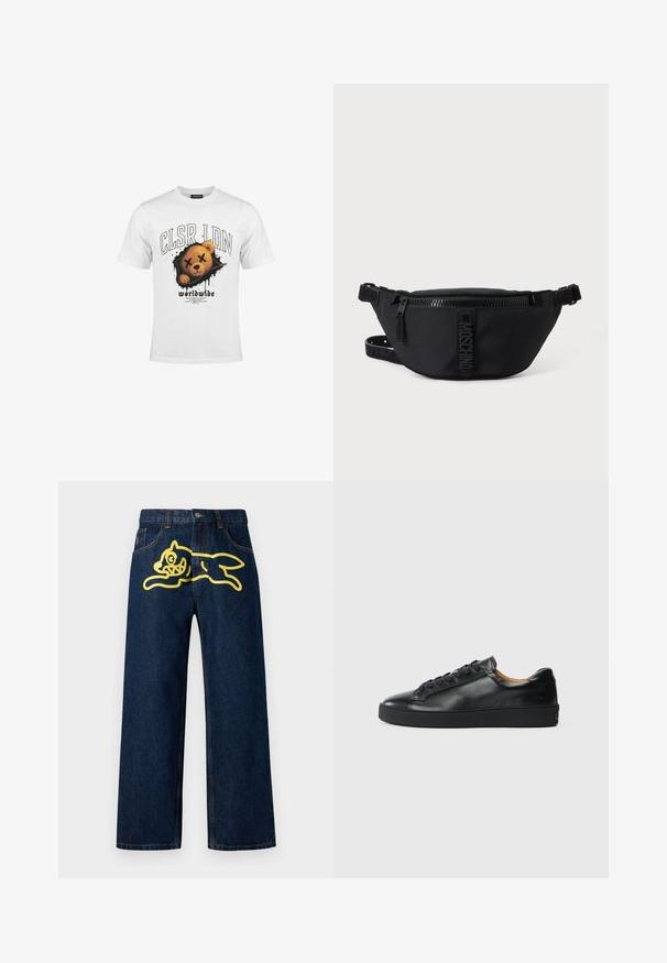 Hvid T-shirt med grafik af en bamseansigt med krydsede øjne og tekst med "CLSR LDN" og "worldwide" nedenunder.; Mørkeblå denim jeans med et stort gult grafisk motiv af en springende karakter på baglommen. Lige ben design med standard syninger.; Sorte lædersneakers med en glat overflade, rund tå og snørebåndslukning. Har en tyk gummisål og minimal branddetalje.; Sort Moschino bæltetaske med frontlynlås og justerbar rem på en ensfarvet lys baggrund.