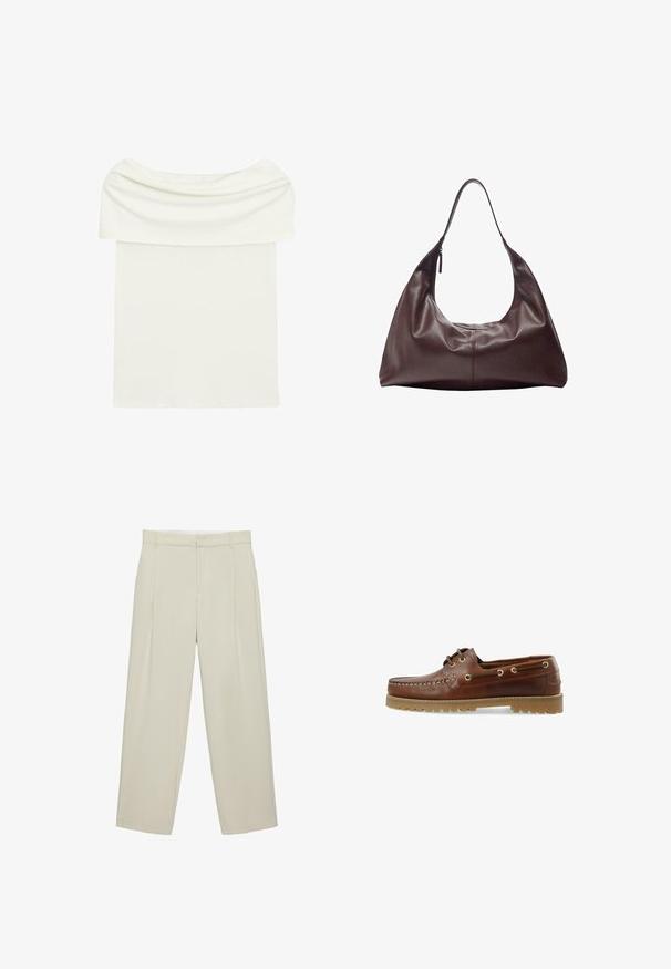 Hvid off-shoulder tube-top med en bred, foldet halsudskæring og en glat, tætsiddende pasform.; Beige højtaljede skræddersyede bukser med sidelommer, bæltestropper og lynlås foran, i en rette bukseben pasform.; Brune læder bådsko med lav skæring, snøredesign, metaløjer og en tekstureret gummisål, der har stikninger foran.; Mørkebrun læder skuldertaske med en enkelt strop og en lynlås på den ene side, blød og slasket struktur samt glat tekstur.
