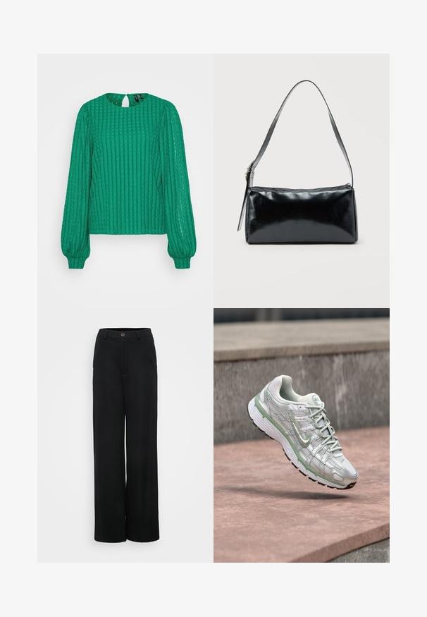 Groene gerekte blouse met lange, opbollende mouwen en een ronde halslijn. Heeft een sleufopening aan de achterkant, gemaakt van een gestructureerde stof.; Zwarte wijde broek met een gladde textuur, voorzien van een knoopsluiting en voorzakken. Klassiek en veelzijdig ontwerp geschikt voor verschillende gelegenheden.; Witte en lichtgroene Nike sneaker zwevend boven een stenen oppervlak met een vervaagde grijze stenen achtergrond.; Zwarte rechthoekige schoudertas met een enkele verstelbare band en een bovenste ritssluiting op een effen achtergrond.