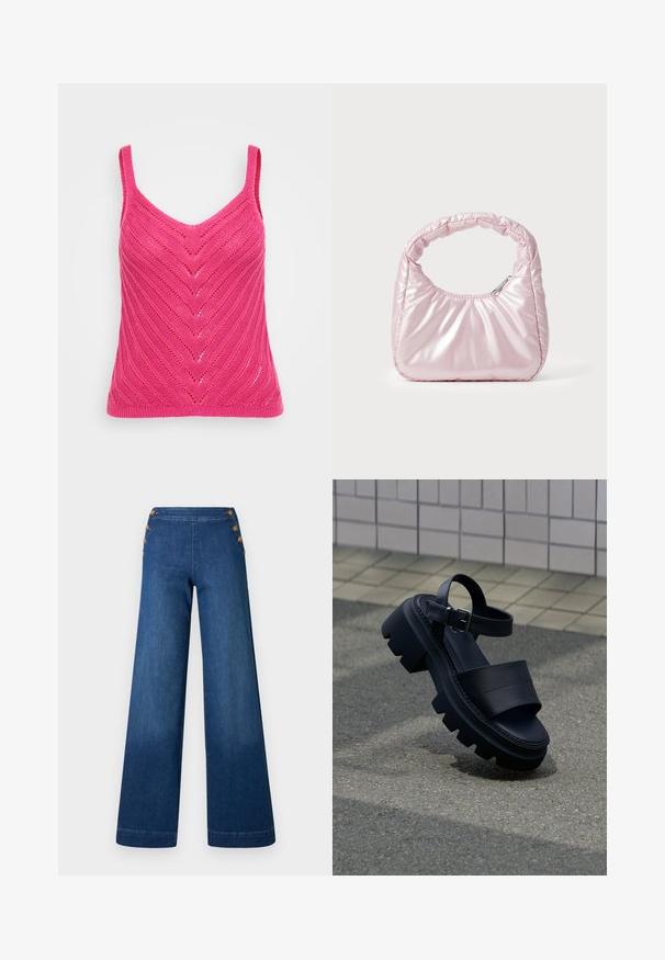 Fuksia strikket tanktop med V-hals og chevron-mønster, med smalle stropper og en struktureret overflade.; Denimbukser med vidde i benene i mørkeblå. Har en flad front med fem knapper i gylden tone til lukning. Glat tekstur med en klassisk finish.; Sort sandal med chunky sål, brede remme og spænde om anklen på grå fortov nær flisevæg.; Rosa, polstret håndtaske med afrundet design, lavet af skinnende materiale. Har et samlet håndtag og en lynlås til sikker adgang.