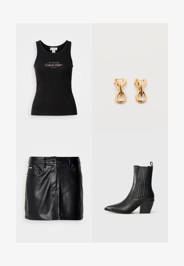 Zwarte geribbelde mouwloze tanktop met "New York City Calvin Klein Established 1968" in het wit gedrukt op de borst.; Zwarte leren mini-rok met een op maat gemaakt ontwerp, voorzien van zijzakken, een knoopsluiting en een gladde textuur.; Zwarte leren enkelboot met een spitse neus, ribbelige zijpanelen en een dikke hak, geplaatst op een gewatteerde tegeloppervlak.; Een paar glanzende oorringen in goudkleur met een lusvormige, gedraaide en verstrengelde ontwerp, afgebeeld op een eenvoudige witte achtergrond.