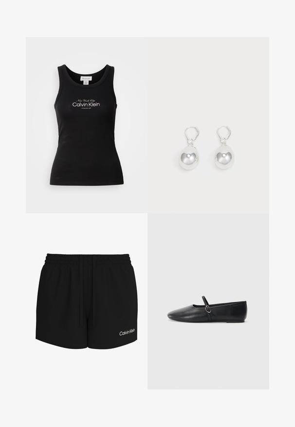 Débardeur noir côtelé sans manches avec l'inscription "New York City Calvin Klein Established 1968" en blanc sur la poitrine.; Shorts à taille élastique noire avec cordon de serrage et logo Calvin Klein blanc sur la partie inférieure de la jambe droite.; Ballerines noires en cuir avec un bout pointu, une semelle plate et une petite sangle avec un détail de boucle en argent.; Boucles d'oreilles en argent en forme de goutte avec des surfaces lisses, rondes et réfléchissantes, suspendues à des fermoirs à ressort. L'arrière-plan est blanc uni.