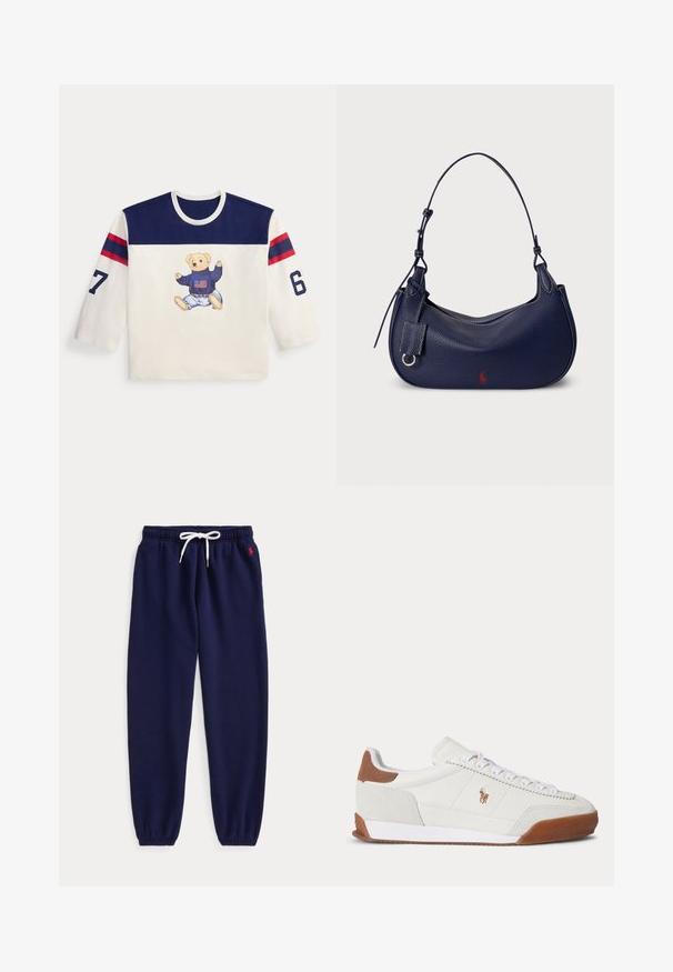 Weißes Langarmshirt mit marineblauem Schulterstück, roten und marineblauen Streifen an den Ärmeln, den Zahlen 6 und 7 auf jedem Arm und einem Teddybär mit Pullover und Jeans auf der Vorderseite.; Marineblaue Jogginghose mit weißem Kordelzug in der Taille und elastischen Bündchen, mit kleinem roten Logo nahe der linken Tasche bestickt.; Weißer Sneaker mit niedrigem Schaft, braunen Wildleder-Akzenten an Ferse und Spitze, weißen Schnürsenkeln und einem kleinen braunen gestickten Logo an der Seite.; Marineblaue Leder-Hobo-Tasche mit geschwungener Form, strukturierter Oberfläche, verstellbarem Schulterriemen und einem kleinen roten Logoakzent auf einer Seite.