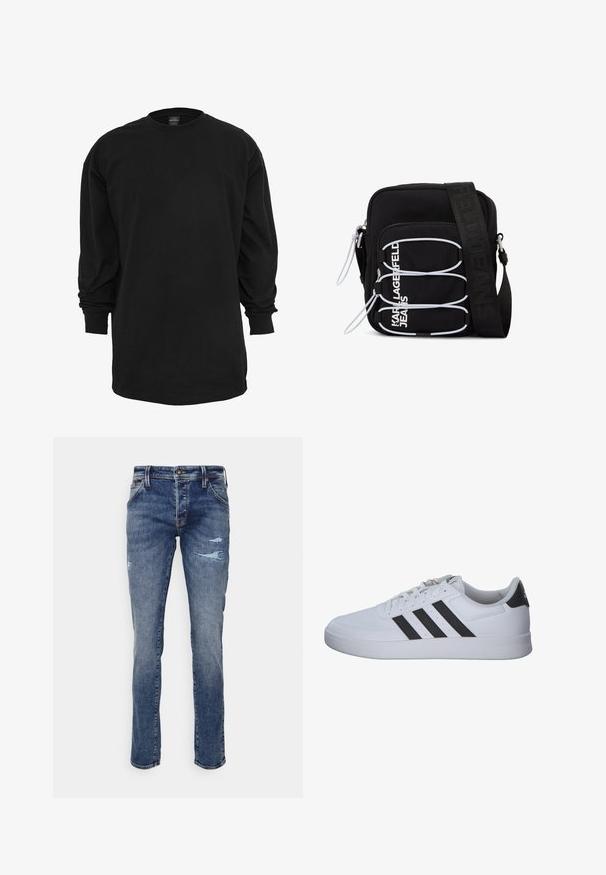 Camiseta de manga larga negra hecha de algodón. Cuenta con un cuello redondo y un corte regular. Textura suave sin patrones ni acentos visibles.; Jeans de mezclilla azul con corte recto, que presentan un ligero desgaste y áreas deshilachadas en las rodillas. Diseño clásico de cinco bolsillos, con cierre de cremallera.; Zapatilla blanca Adidas de caña baja con tres rayas negras, cordones blancos, suela acolchada y logo negro en la lengüeta del talón, vista lateral sobre fondo blanco.; Bolso bandolera negro con lazos elásticos blancos, tiradores de cremallera y texto blanco "KARL LAGERFELD JEANS" en el bolsillo delantero.