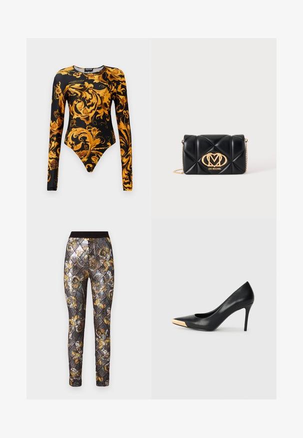 Bodysuit noir à manches longues, orné de motifs floraux dorés élaborés et d'un design de jambe haute. Fabriqué en matériau lisse.; Leggings noirs et dorés avec un motif en diamant orné de sequins, une taille élastique et des accents floraux élaborés.; Pompe à talon haut en cuir noir avec bout pointu ; présente une accentuation métallique dorée sur le capuchon. Surface lisse avec un design épuré.; Sac à main en cuir matelassé noir avec bandoulière chaîne dorée et logo Love Moschino doré au centre devant.