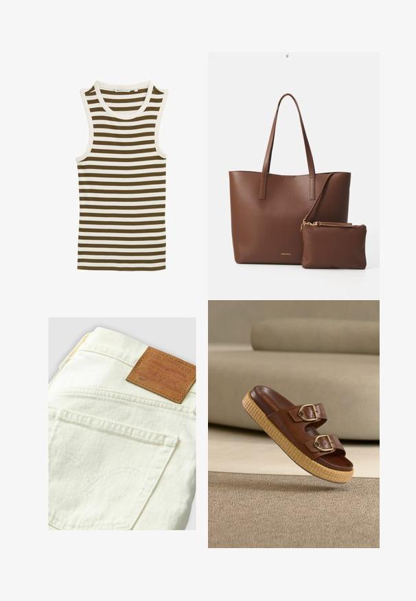 Top sin mangas a rayas en marrón y blanco, hecho de tela acanalada, con un escote redondeado y corte recto.; Jeans Levi's 501 de color crema con parche de cuero marrón, con costuras en los bolsillos traseros en forma curva y un diseño clásico de denim.; Sandalia tipo slide de cuero marrón con dos hebillas doradas y una suela de plataforma trenzada y gruesa sobre alfombra beige y fondo de sofá.; Bolso tote de imitación cuero marrón con dos asas largas y un pequeño bolso a juego. La superficie presenta un patrón texturizado y detalles en dorado.