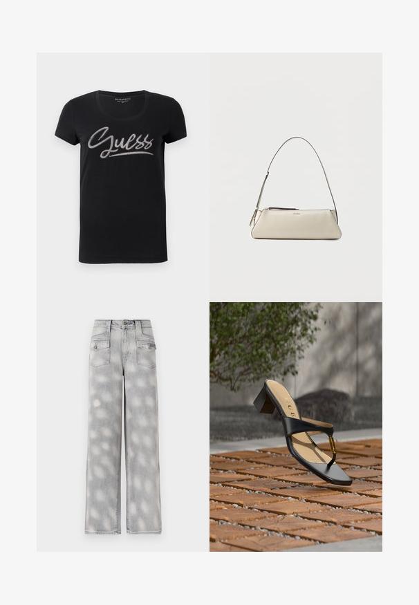 Zwarte dames t-shirt met korte mouwen, ronde hals en het "Guess" logo versierd met kleine zilverkleurige studs op de borst.; Lichtgrijze denim brede broek met hoge taille, vier zakken en een vervaagd patroon voor een ontspannen pasvorm.; Zwarte sandaal met hak, teenlus en gouden accent, geplaatst op een houten en stenen geplaveid oppervlak buiten nabij groen.; Kleine beige leren schoudertas met dunne band en ritssluiting, voorzien van een discreet metalen logo aan de voorzijde in het midden.