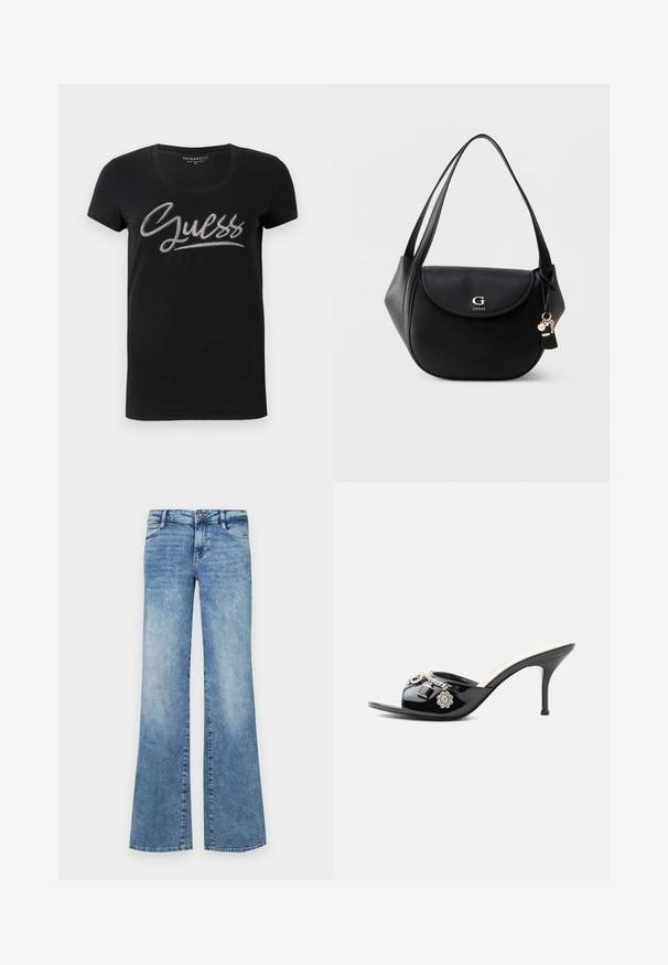 Camiseta de mujer negra de manga corta con cuello redondo y logo de "Guess" adornado con pequeñas tachuelas plateadas en el pecho.; Vaqueros de mezclilla acampanados de color azul claro. Presentan un cierre de botón, cinco bolsillos y detalles deslavados para un aspecto envejecido.; Mule de charol negro de tacón alto con punta abierta y adornos decorativos plateados, incluyendo una flor y un candado en la tira delantera.; Bolso de hombro de cuero negro con solapa curva, logo dorado "G GUESS", correas dobles y charms colgantes de llavero sobre un fondo liso.