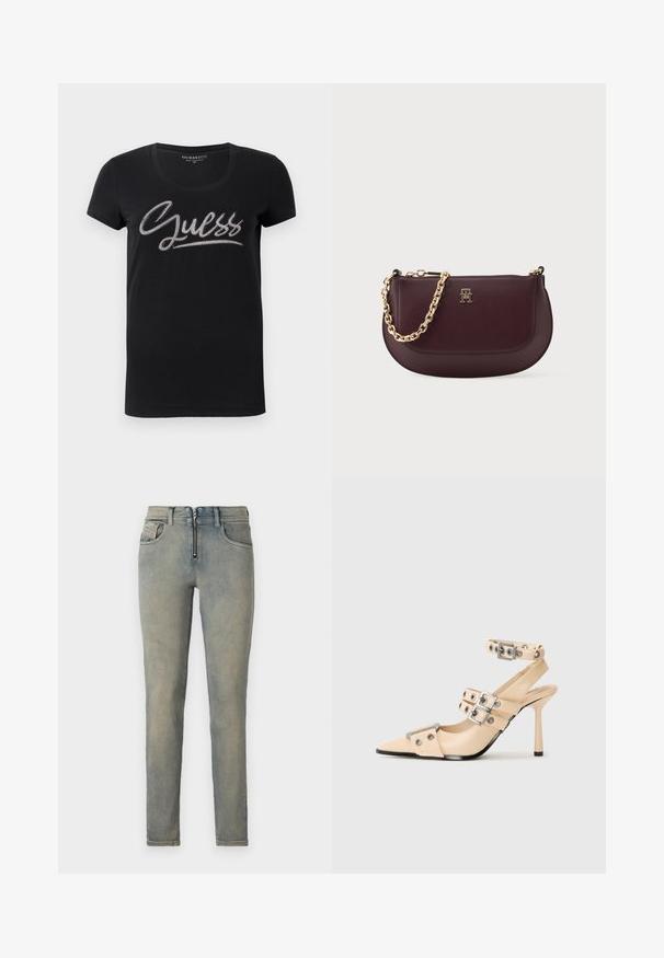 Schwarzes Damen-T-Shirt mit kurzen Ärmeln und Rundhalsausschnitt, verziert mit dem "Guess"-Logo, das mit kleinen silbernen Nieten über der Brust geschmückt ist.; Schmale Jeans aus hellblauem Denim mit einem Reißverschluss vorne, fünf Taschen und einem ausgewaschenen Look mit subtilen Farbvariationen.; Beige High Heels mit spitzem Zehenbereich, Knöchelriemen mit metallischen Schnallen und einem eleganten Stiletto-Absatz, gefertigt aus glattem Material.; Burgunderfarbene Lederhandtasche mit geschwungenem Design, goldener Kettenriemen und Logodetail. Glatte Textur mit einem Reißverschluss.