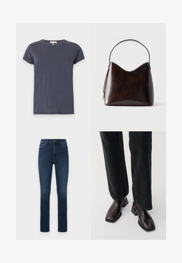T-shirt bleu marine à manches courtes avec col rond et ourlet droit, fabriqué en tissu léger en coton.; Jean en denim bleu foncé coupe slim avec un design à cinq poches et une fermeture par bouton, présenté sur un fond blanc.; Bottines en cuir marron avec un orteil carré et un talon carré, associées à un jeans noir à jambes larges. Texture lisse et design minimaliste.; Sac à main en cuir marron foncé avec un bord supérieur incurvé et une poignée unique sur fond blanc uni.