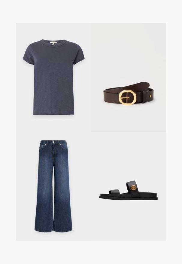 Marineblå kortærmet t-shirt med rund hals og lige kant, lavet af let bomuldsstof.; Mørkeblå jeans med brede ben, høj talje, knap- og lynlåslukning, for- og baglommer, lagt fladt på en lys baggrund.; Sort sandals med to brede stropper, hvoraf den ene har et rundt guldemblem, flad sål, isoleret på lys grå baggrund.; Mørkebrun læderbælte med en skinnende gylden ottekantet spænde, sammenrullet på en ensfarvet lys baggrund.