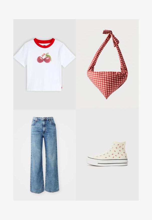 Hvid T-shirt med korte ærmer med rød krave og en grafik af to kirsebær med et grønt blad midt på foran.; Lysblå denim bredbente jeans med høj talje, der har fem lommer, knaplukning øverst og kontrastsyninger langs sømmene.; Høje sneakers lavet af gul lærred, med et mønster af små røde jordbær, hvide snørebånd og en hvid sål med sorte striber.; Blød stofskuldertaske med rødt og hvidt ternet mønster, håndtag med bundet knude og trekantet form mod en ensfarvet baggrund.