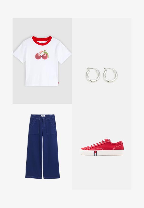 T-shirt blanc à manches courtes avec un col rouge et un motif de deux cerises avec une feuille verte au centre devant.; Pantalon large bleu marine avec poches plaquées à l'avant, passants de ceinture, fermeture par bouton et coutures blanches visibles sur fond blanc.; Baskets basses en toile rouge avec lacets et semelle blanches, avec le logo "Tommy Jeans" sur le côté et des coutures contrastantes blanches.; Boucles d'oreilles en argent avec une finition polie, présentant une forme circulaire et une fermeture à charnière. Texture lisse avec un minimum de détails.
