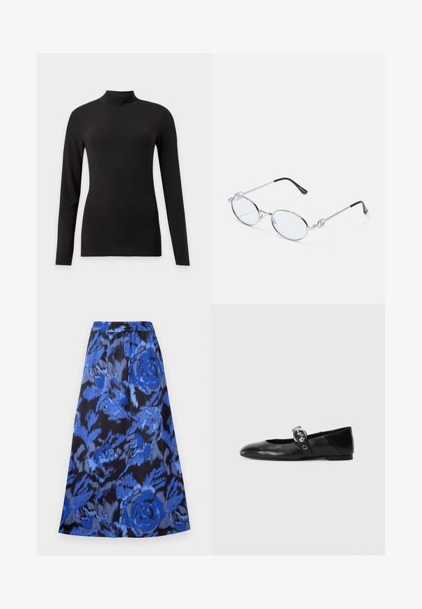 Zwarte aansluitende top met lange mouwen en een opstaande kraag, getoond op een effen lichtgrijze achtergrond.; A-lijn rok in een blauw bloemenpatroon op een zwarte achtergrond. Elastische tailleband, lichtgewicht stof en knielange ontwerp.; Zwarte leren balletschoenen met een spitse neus, voorzien van een band met een ronde metalen gesp en een platte zool.; Zilveren metalen ovale bril met heldere glazen, voorzien van decoratieve zijkanten en zwarte uiteinden op de pootjes voor extra grip en comfort.
