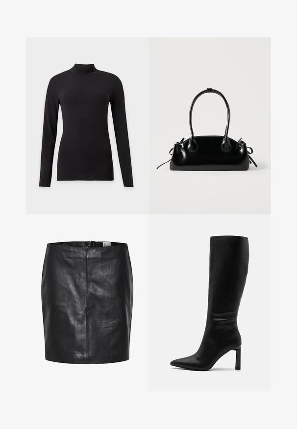 Haut noir ajusté à manches longues avec col montant, présenté sur un fond gris clair uni.; Jupe en cuir noir avec une texture lisse, taille haute et fermeture à bouton à l'avant. Présente une silhouette épurée et minimaliste. Sans motifs ni accents.; Even&Odd by Zalando Bottes - black; Petit sac à main noir brillant avec deux longues anses et des détails à cordon sur les côtés sur un fond clair uni.