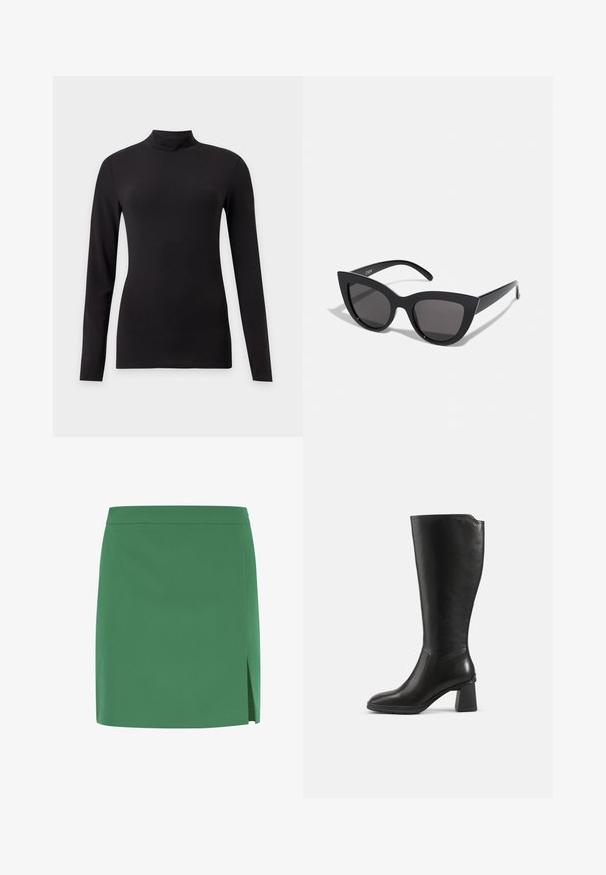 Haut noir ajusté à manches longues avec col montant, présenté sur un fond gris clair uni.; Jupe mini verte avec une texture lisse, montrant une coupe droite et une fente latérale pour un détail supplémentaire. Design simple et sans ornements.; Botte en cuir noire montant jusqu’au genou avec un talon bloc et un bout arrondi, vue de profil sur un fond uni.; Lunettes de soleil noires en forme d'œil de chat avec une finition mate, dotées de verres teintés gris, d'angles aigus et de branches élégantes. Nom de la marque visible sur la branche intérieure.