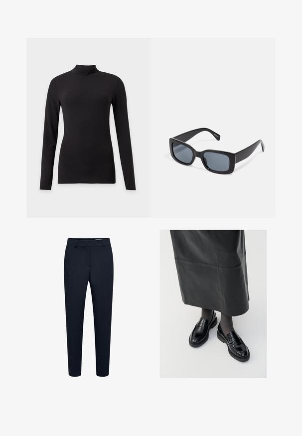 Musta pitkähihainen istuva paita, jossa on korkea kaulus, esitetty yksinkertaisella vaaleanharmaalla taustalla.; Mustat räätälöidyt slim-fit-housut, joissa on vyölenkit ja piilotettu etumallinen suljin, sopivat juhla- tai toimistokäyttöön.; Musta nahka loaferit sileällä pinnalla, jossa on koristeellinen hihna, pyöreä kärki ja teksturoitu pohja. Yhdistetty pitkän mustan nahkahameen kanssa.; Mustat suorakulmaiset aurinkolasit tummilla tummennetuilla linsseillä, paksu muovikehys ja leveät tempurit. Sileä pinta ja kulmikas muotoilu.