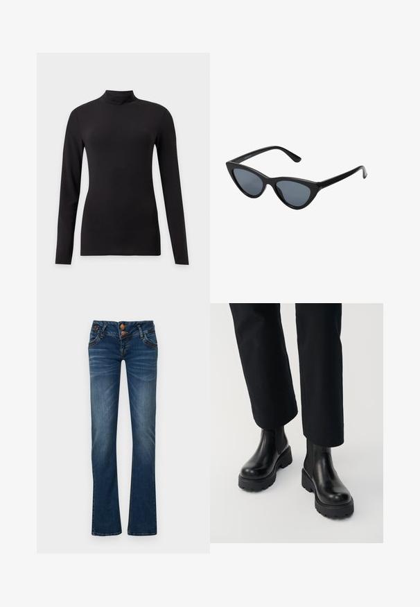 Sort tætsiddende top med lange ærmer og høj krave, vist på en ensfarvet lys grå baggrund.; Mørkeblå bootcut jeans med to frontknapper, fem lommer og subtil falmning på lår og knæ.; Person iført sorte læderankelstøvler med chunky sål kombineret med sorte straight-leg bukser på hvid baggrund.; Sorte katteøje solbriller med mørkegrå linser, slankt plastisk stel, spidse hjørner og lige stænger. Ingen synlig hardware eller dekorationer.
