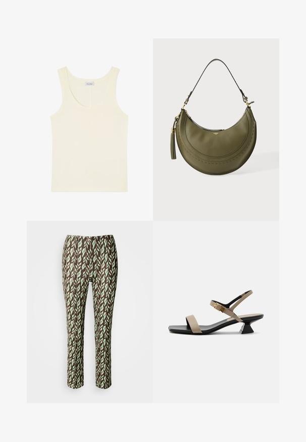 Camiseta sin mangas color crema con escote redondo y una pequeña etiqueta de la marca en la parte interior trasera.; Pantalones de color marrón y verde con un diseño de hojas, de corte ajustado, con una textura suave y sin cremalleras ni bolsillos visibles.; Sandalia de mujer beige y negra con tacón bajo, puntera cuadrada, tira en el tobillo y hebilla dorada sobre fondo blanco.; Bolso de mano de cuero verde oliva con forma de media luna, una sola correa para el hombro, herrajes dorados y un gran borlón colgando en el lado izquierdo.