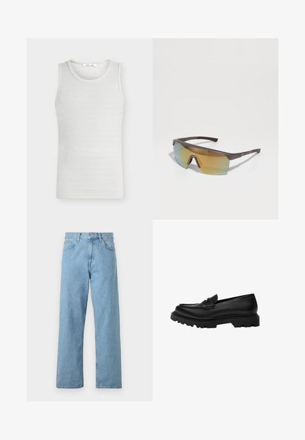 Wit mouwloos gebreid tanktopje met gestructureerde horizontale strepen en ronde halslijn.; Lichtblauwe denim jeans met een rechte pasvorm, vijf zakken, knoop- en ritssluiting, en een iets vervaagde afwerking.; Zwarte leren loafer met een robuuste, gestructureerde zool. Heeft een decoratieve gestikte rand en een lage hak voor een eigentijdse uitstraling.; Sportzonnebril met een slank, rechthoekig bruin montuur en een vervagend geel-blauw glas, met een duidelijke neusbrug en gestructureerde tempelgrepen.