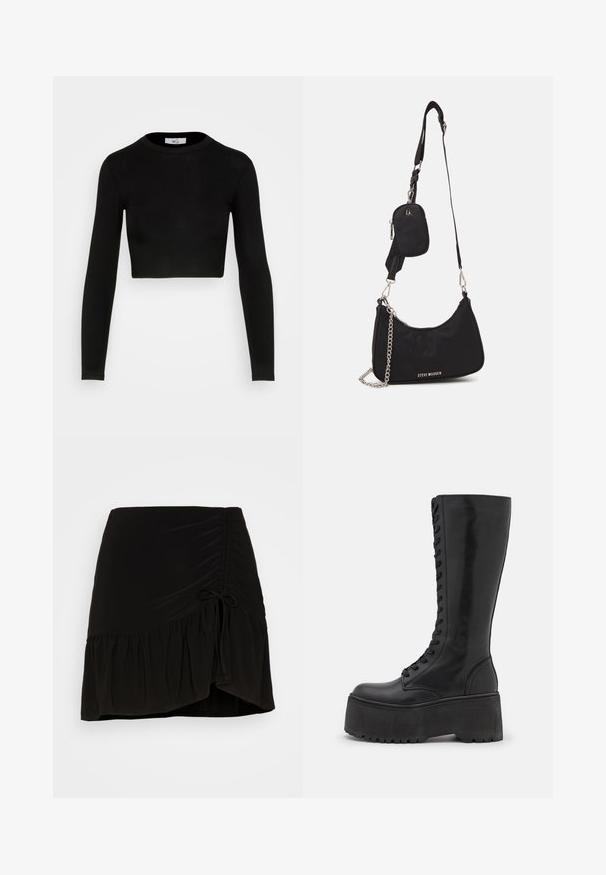 WAL G. X JOEY BACK DETAIL - Langærmet T-shirt - black; Even&Odd by Zalando Mini skirts - black; Zign by Zalando LEATHER - Snørestøvler - black; Sort nylon skuldertaske med en buet form, sølvfarvet kædeaccent, aftagelig mini-pung og justerbar rem; prydet med "Steve Madden" logo.