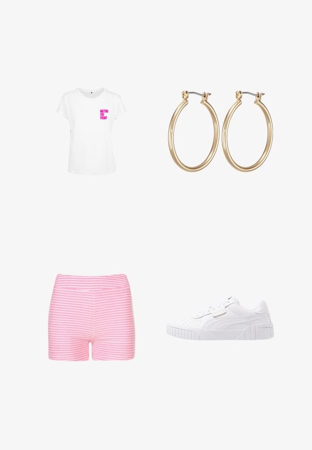 Wit katoenen T-shirt met korte mouwen, voorzien van felroze tekst "WACHTEND OP VRIJDAG" op de linkerkant van de borst. Ronde halslijn.; Roze en witte gestreepte shorts van zachte stof. Heeft een getailleerd ontwerp en een soepele tailleband zonder aanvullende details of hardware.; Witte sportieve sneakers met een bovenwerk van textuurleer, geperforeerde details, een chunky zool en subtiele branding aan de zijkant en op de hiel.; Gouden metalen ring oorbellen met een glad, rond ontwerp en een veilige scharnier sluiting. Lichtgewicht met een gepolijste afwerking.