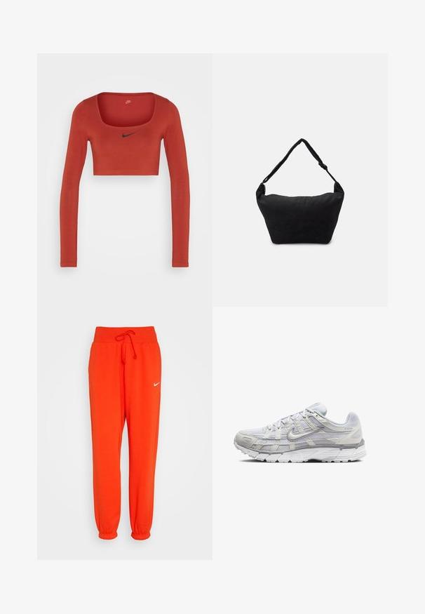 Nike Sportswear W NSW LS CROP TOP SW - Long sleeved top - rugged orange/black; Nike Sportswear W PHNX FLC HR OS - Tracksuit bottoms - picante red/sail; Light gray athletic shoes with a mesh and synthetic upper, featuring a lace closure, padded collar, and textured sole for grip.; Black fabric shoulder bag with a soft textured surface, rounded shape, and a single strap. Minimalist design with no visible hardware or accents.