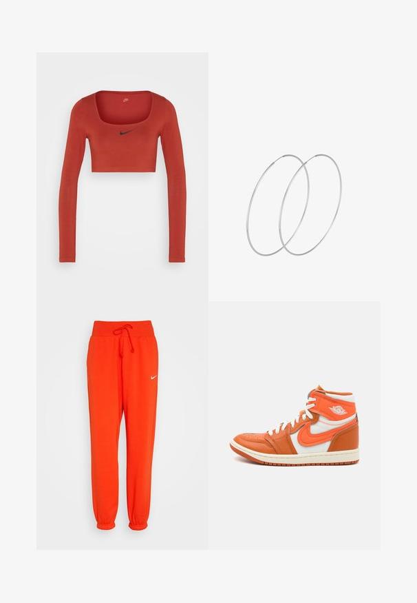 Nike Sportswear W NSW LS CROP TOP SW - Camiseta de manga larga - rugged orange/black; Nike Sportswear W PHNX FLC HR OS - Pantalones deportivos - picante red/sail; Zapatillas altas que cuentan con cuero naranja y paneles de textil blanco, con una suela de goma y un destacado detalle de logo en el lateral.; Pendientes de aro plateados con un diseño minimalista. Forma circular, textura suave y perfil delgado. Livianos con un acabado pulido.