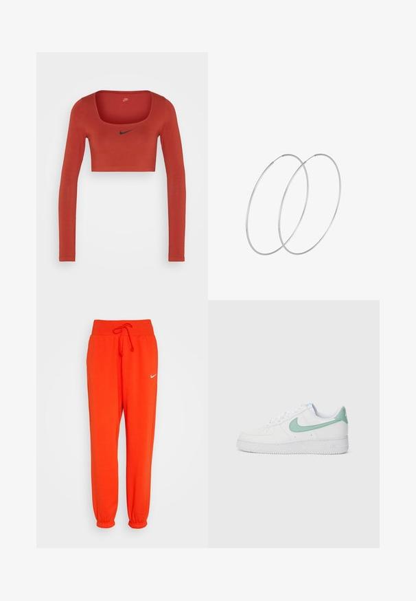 Nike Sportswear W NSW LS CROP TOP SW - Camiseta de manga larga - rugged orange/black; Nike Sportswear W PHNX FLC HR OS - Pantalones deportivos - picante red/sail; Zapatillas de cuero blancas con un swoosh de Nike y una lengüeta en verde menta, suela texturizada y diseño clásico de cordones.; Pendientes de aro plateados con un diseño minimalista. Forma circular, textura suave y perfil delgado. Livianos con un acabado pulido.